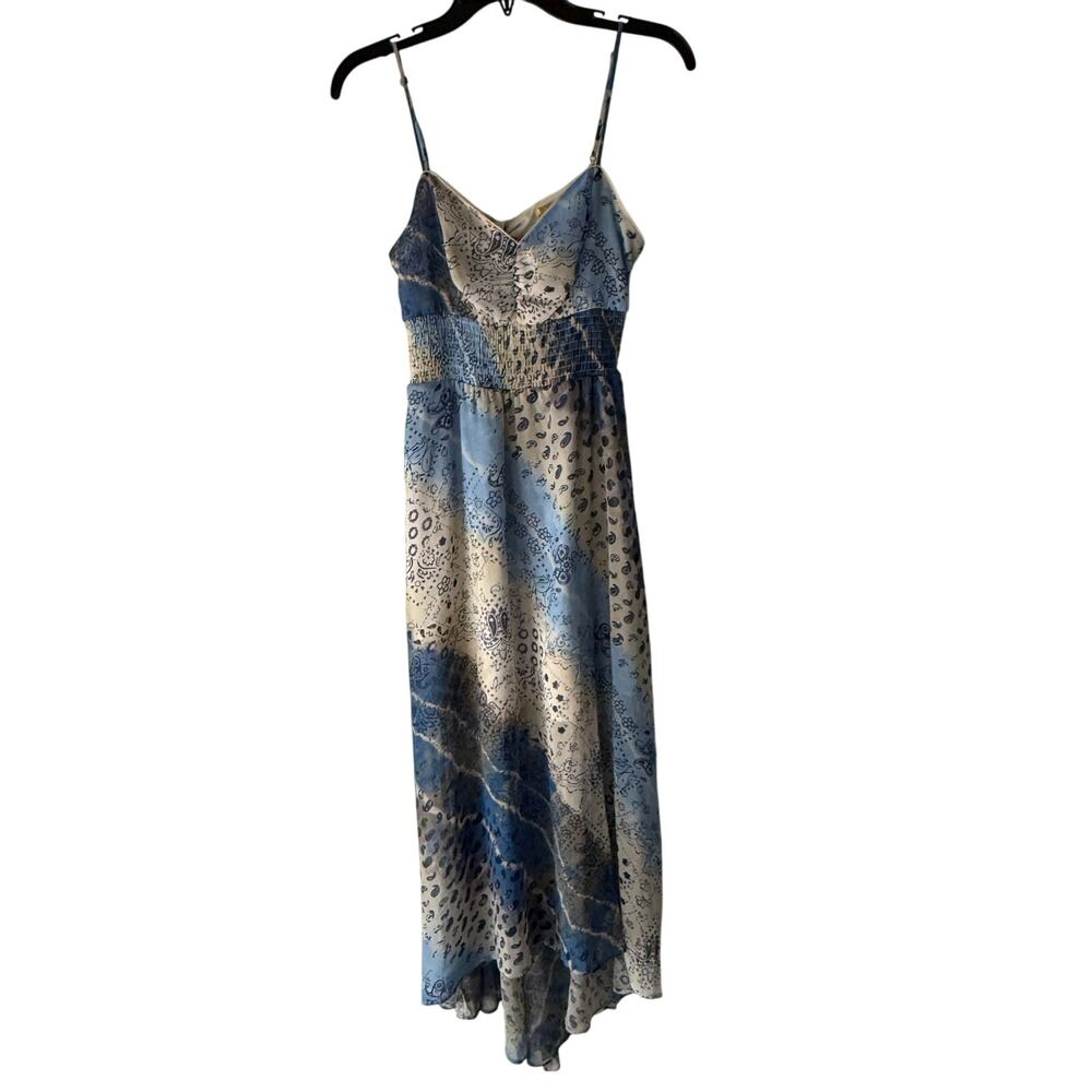 Princess Vera Wang Blue Patchwork‎ Print Dress M Boho Y2K Midi Smocked Backless